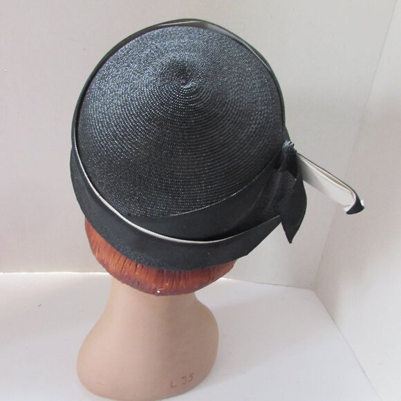 Handsome Mid Century Black Hat Bucket Style White Ribbon Accents main image 6